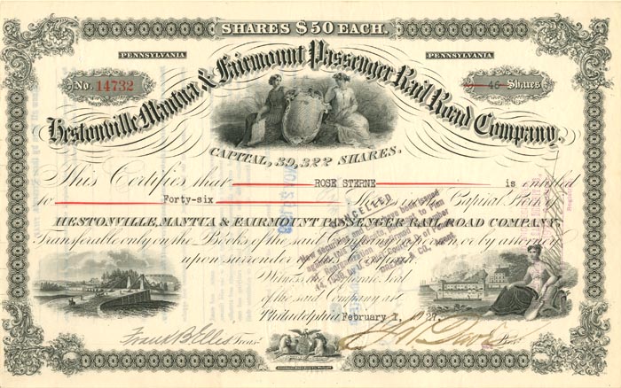 Hestonville, Mantua and Fairmount Passenger Railroad Co. - Stock Certificate